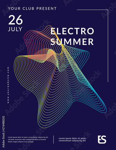 Music wave poster design. Electronic music party poster with colorful equalizer. Distorted equalizer design. Electro summer wave music poster. Sound flyer with abstract gradient line waves