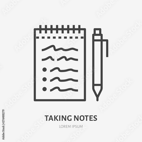 Notebook with pen flat line icon. Vector thin sign of taking notes, education logo. Checklist outline illustration