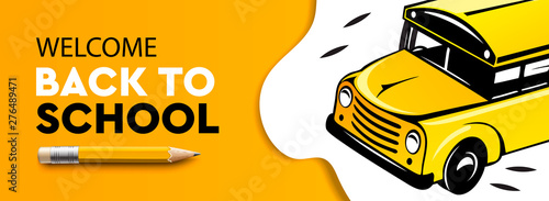 Welcome Back to school horizontal banner, school bus, vector illustration.