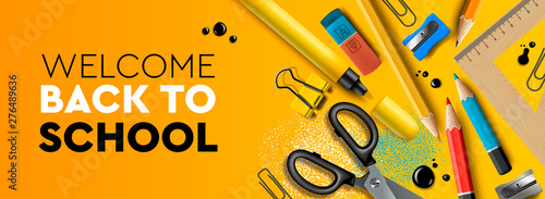 Welcome Back to school horizontal banner. First day of school, pencils and supplies on yellow background, vector illustration.