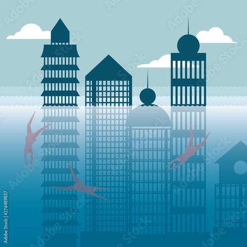 Businessman diving  underwater city. The background is blue.