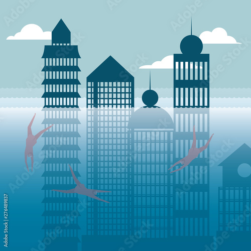 Businessman diving, underwater city. The background is blue.
