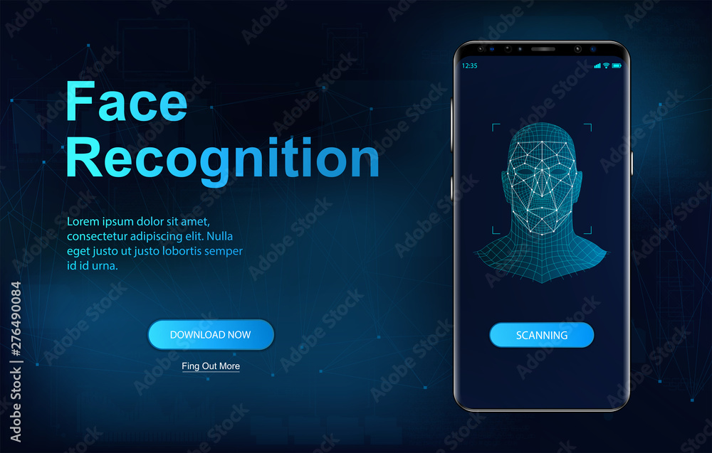 Biometric face recognition on smartphone.Face authentication identification. Facial Recognition System concept. Scan security system technology. Vector futuristic illustration