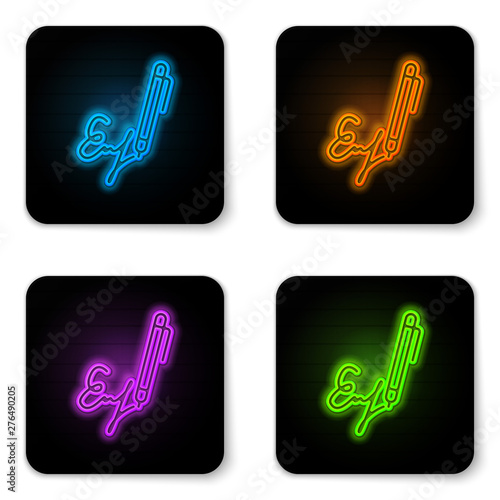 Glowing neon Signature line icon isolated on white background. Pen and undersign, underwrite, ratify symbol. Black square button. Vector Illustration