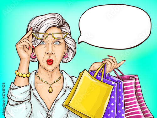 Pop art surprised old woman with shopping bags and wow face expression, grandmother, senior fashioned lady portrait with modern hairstyle on retro comic book style background, vector Illustration
