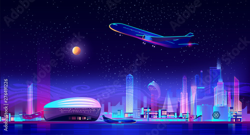 Night charter from city airport cartoon vector. Airliner taking off from runway, standing on ground near futuristic architecture terminal, metropolis skyscraper illuminating on background illustration