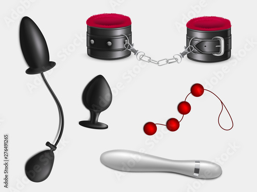 Sex toys and bondage sexual game accessories realistic vector set isolated on white background. Vibrator, inflatable butt plug, anal beads, black leather handcuffs with red fur and chain illustration photo