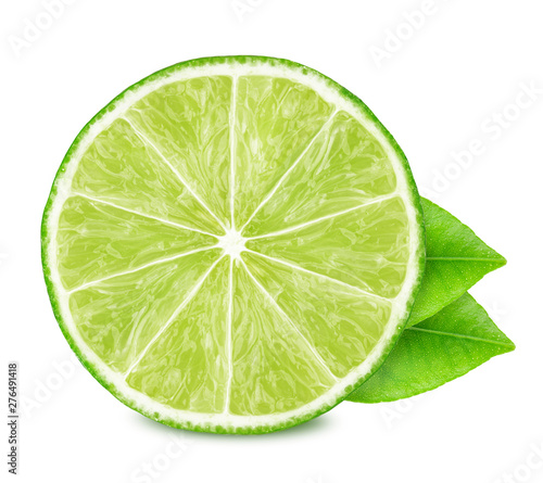 Half of lime with leaves isolated on white background.
