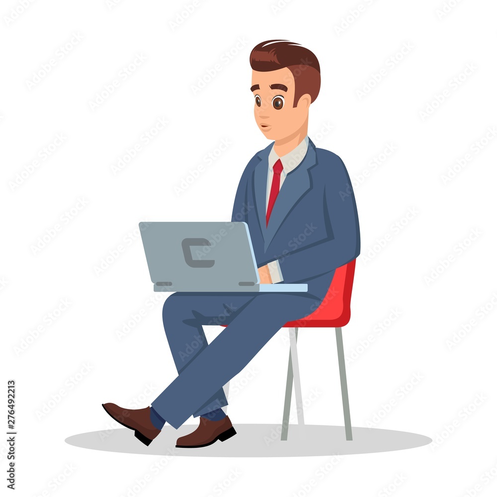 Successful businessman in formal costume sitting on chair with laptop. Handsome man looking at display during waiting meeting with boss, negotiation with new business partners. Vector cartoon on white Successful businessman in formal costume sitting on chair with laptop. Handsome man looking at display during waiting meeting with boss, negotiation with new business partners. Vector cartoon on white