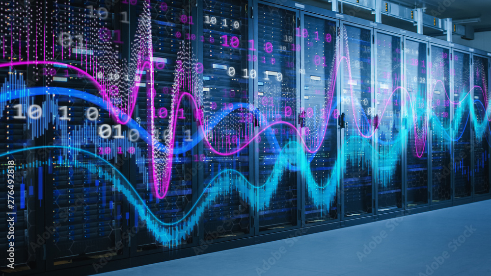 Shot of Working Data Center Full of Rack Servers and Supercomputers.  Computer Calculations Concept with Different Illustrations of Statistics,  Mathematics Graphs and Digits in the Foreground. foto de Stock | Adobe Stock