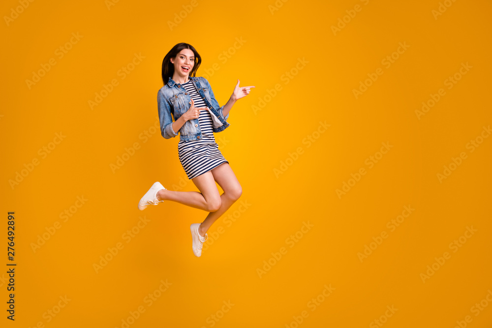 Full length body size view photo of careless playful funny person foolish indicate present choose decide advise ads adverts wear striped denim cool clothing summer isolated bright background Full length body size view photo of careless playful funny person foolish indicate present choose decide advise ads adverts wear striped denim cool clothing summer isolated bright background