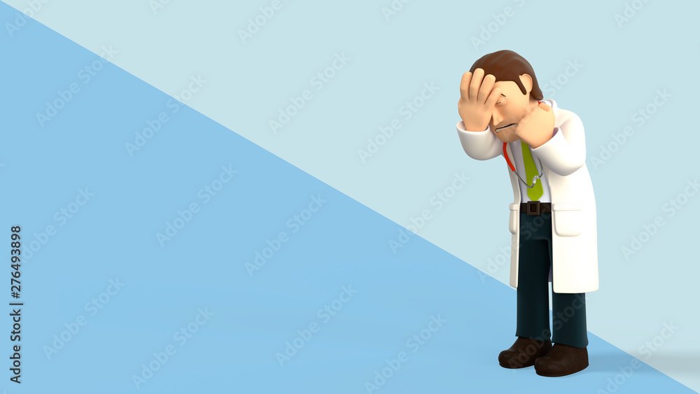 Sad cartoon 3d doctor with a stethoscope doing a facepalm on a blue diagonal splitted background 3d rendering
