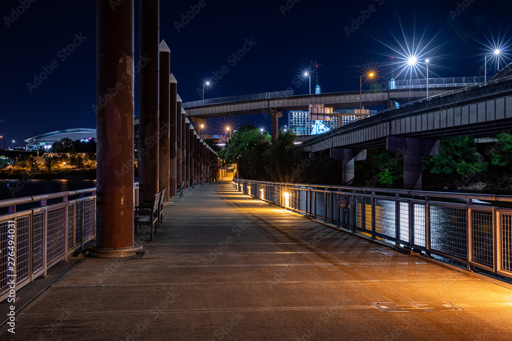 Portland, Oregon \ USA - 09 June 2019: View at East bank Esplanade at night, long exposure photo.