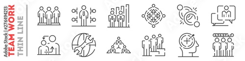 Team work and cooperation in company set of thin line icons on white. Outline communication with colleagues pictograms collection. Business relationship logos. Vector elements for infographic  web.