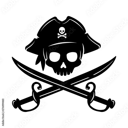 Pirate skull emblem illustration with crossed sabers. 