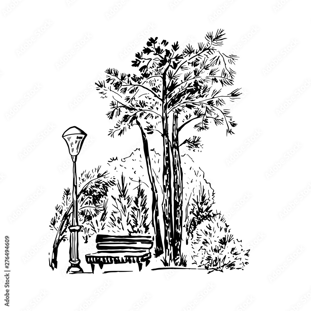 Park Scene Hand Drawn Ink Illustration Landscape Ink Pen Sketch Black park-scene-hand-drawn-ink-illustration-landscape-ink-pen-sketch-black