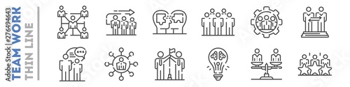 Set of thin line icons about team work isolated on white. Outline human resources management pictograms collection. Cooperation, partnership logos. Vector elements for infographic, web.