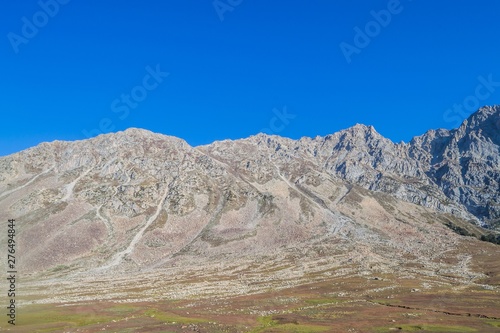 Rocky alpine meadow with mountains in background