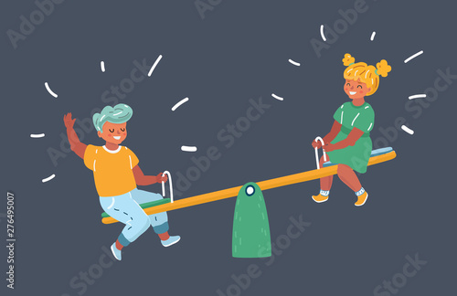 Schoolboy and a schoolgirl on a seesaw.