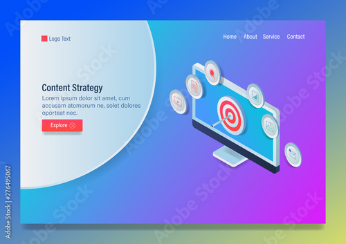Content strategy, digital marketing, target media concept. Isometric vector banner, 3d style with icons and text.