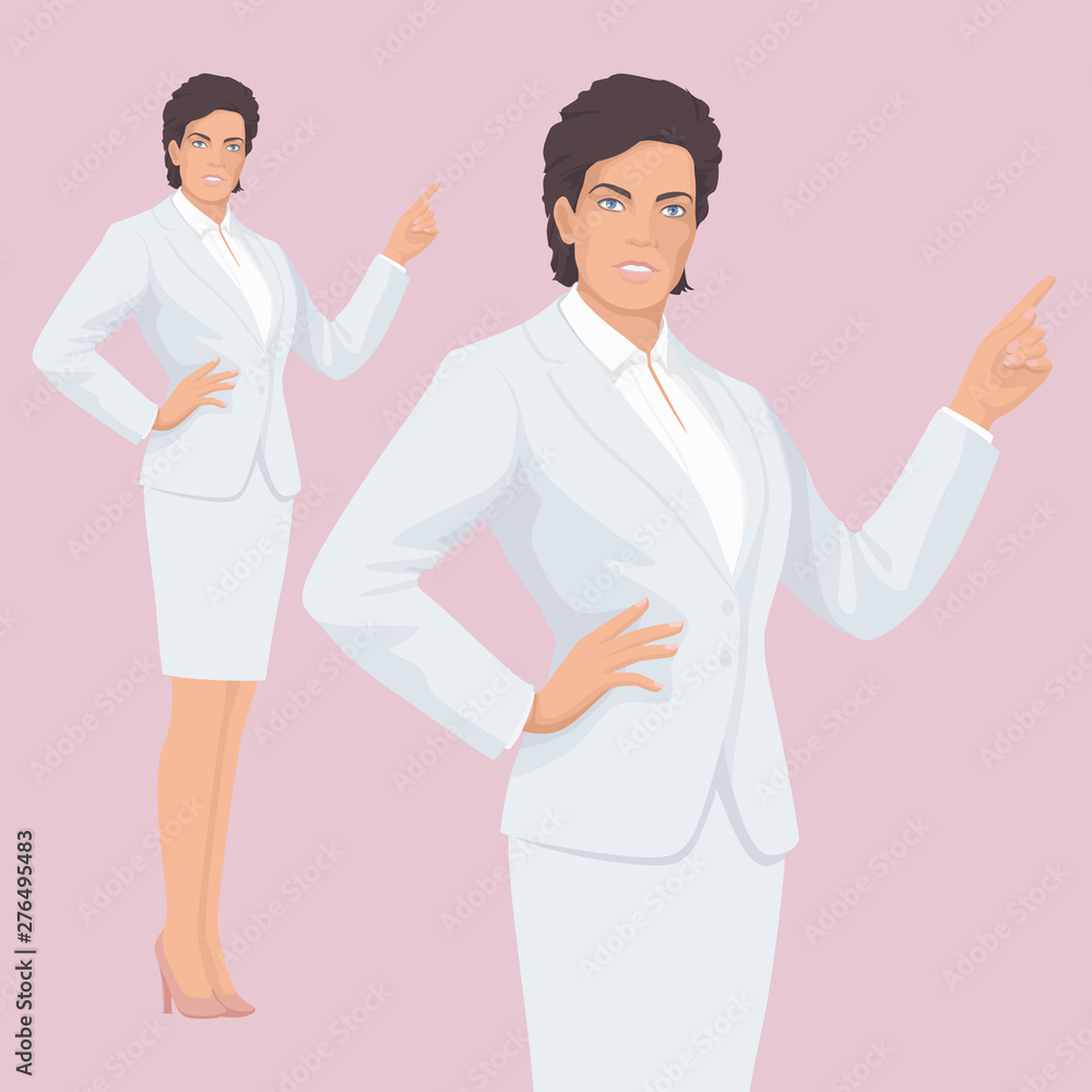 Beautiful Elegant Business Woman. Pointing Hand. Successful people. Adult person. Vector Illustration. Beautiful Elegant Business Woman. Pointing Hand. Successful people. Adult person. Vector Illustration.
