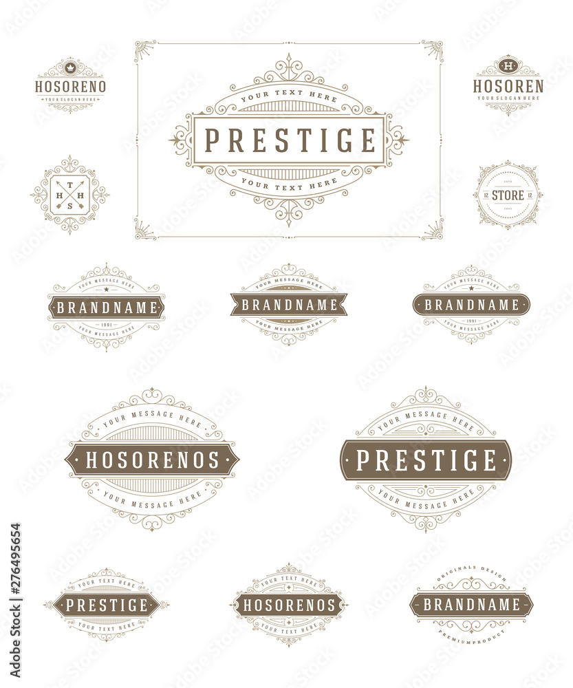 Set luxury logos template flourishes calligraphic elegant ornament lines vector illustration. Set luxury logos template flourishes calligraphic elegant ornament lines vector illustration.