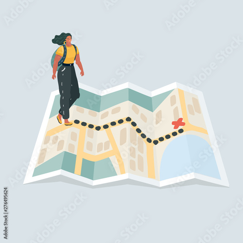 Female hikers walk at the hike map