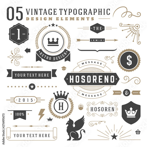 Vintage typographic design elements set vector illustration labels and badges, retro ribbons, luxury ornate logo symbols