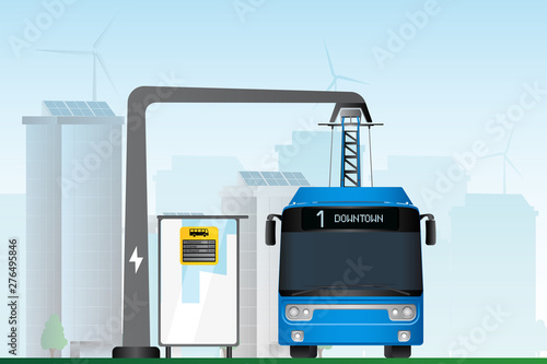 Electric bus on the street of the city that uses clean energy. Vector illustration EPS 10