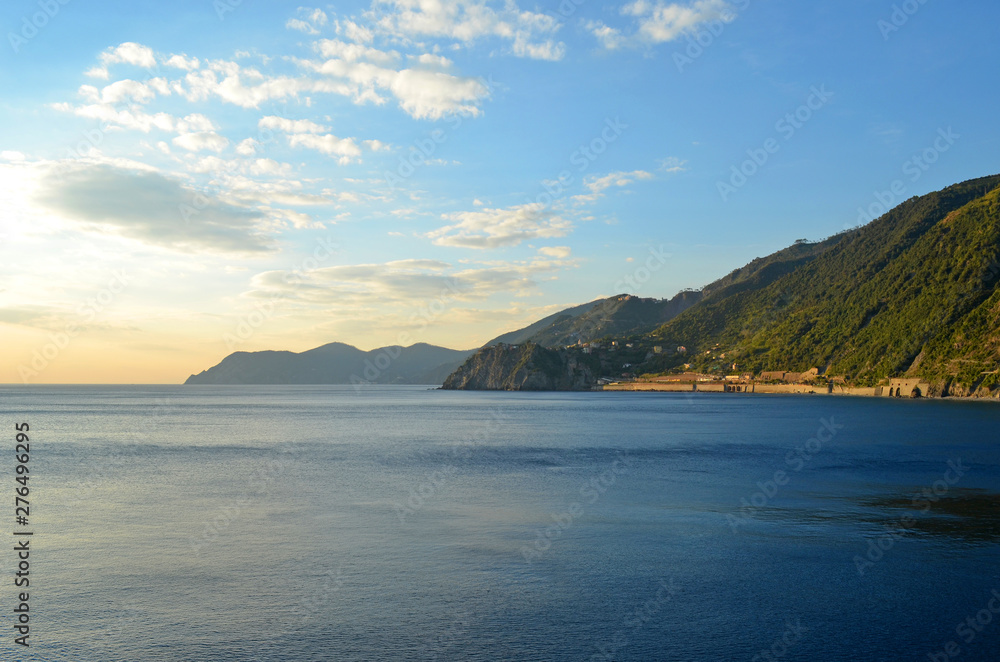 Panoramic View (Panorama) of Sunset in Mediterranean Sea - View from Manarola, Cinque terre (Italy)