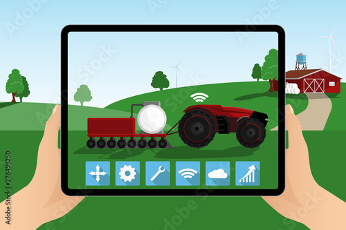 A farmer with digital tablet controls an autonomous tractor on a smart farm. Vector illustration EPS10