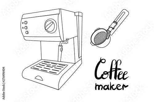 Outline coffee machine with portafilter. Lettering coffee maker. Isolated on white background vector illustration.