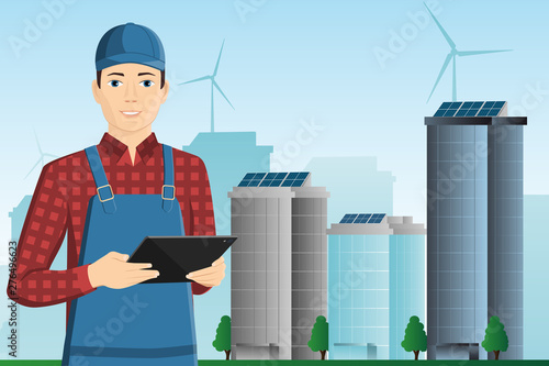 Deliveryman with tablet on city background.
