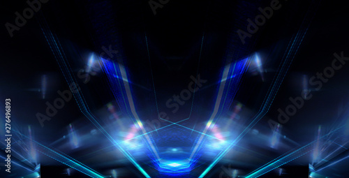 Abstract background neon with lines and glow. Tunnel in blue neon light, underground passage. Abstract blue background. Background of an empty black corridor with neon light. 