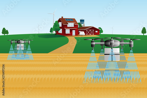 Modern smart farm with drones-sprayers. Digital transformation in agriculture and smart farming. Vector illustration