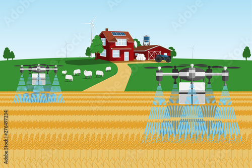 Modern smart farm with drones-sprayers. Digital transformation in agriculture and smart farming. Vector illustration