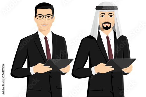 Set of asian and arabian businessmans with tablet computer. Vector illustration