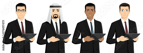 Set of asian, african american, arabian, european businessmans with tablet computer. Vector illustration