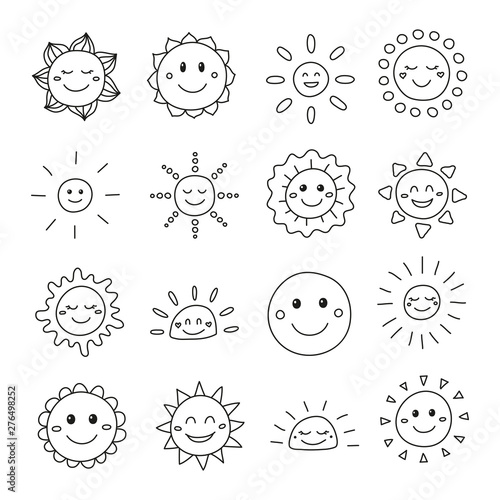 Set of doodle smiley sun icons.