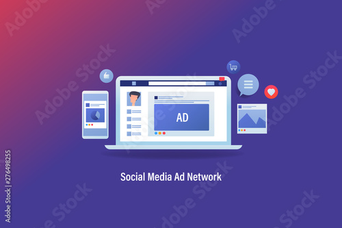 Social media marketing, digital advertising, content engagement on social network concept, vector web banner with icons.