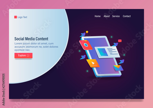 Social media content, engaging content displaying on mobile device, vector web template with icons and text.