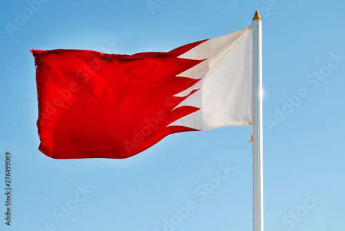 Bahrain flag waving with nice blue sky isolated