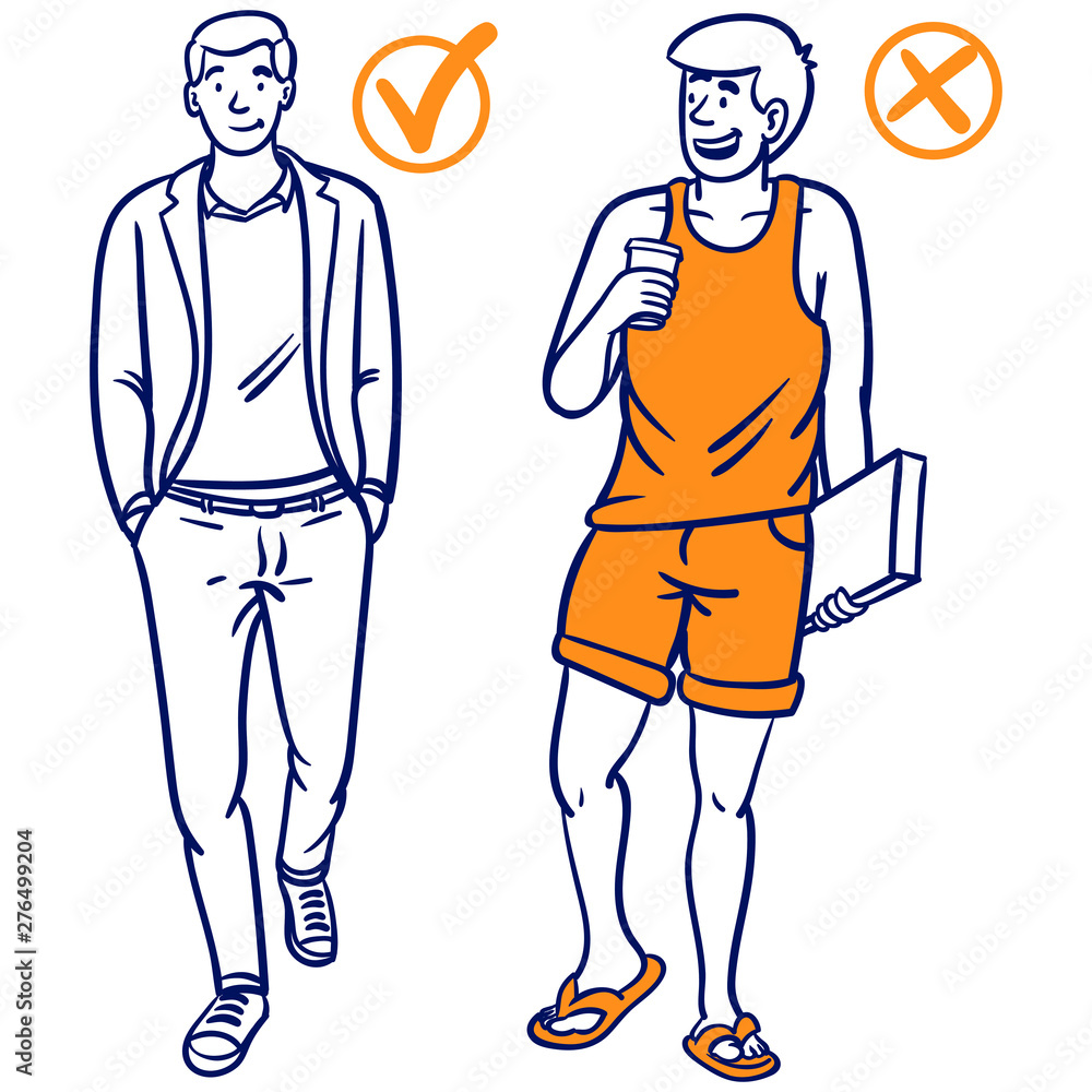 Vector drawing of two men wearing office fashion. antibe example and positive example. shorts, undershirt, laptop, yellow, blue. Vector drawing of two men wearing office fashion. antibe example and positive example. shorts, undershirt, laptop, yellow, blue.