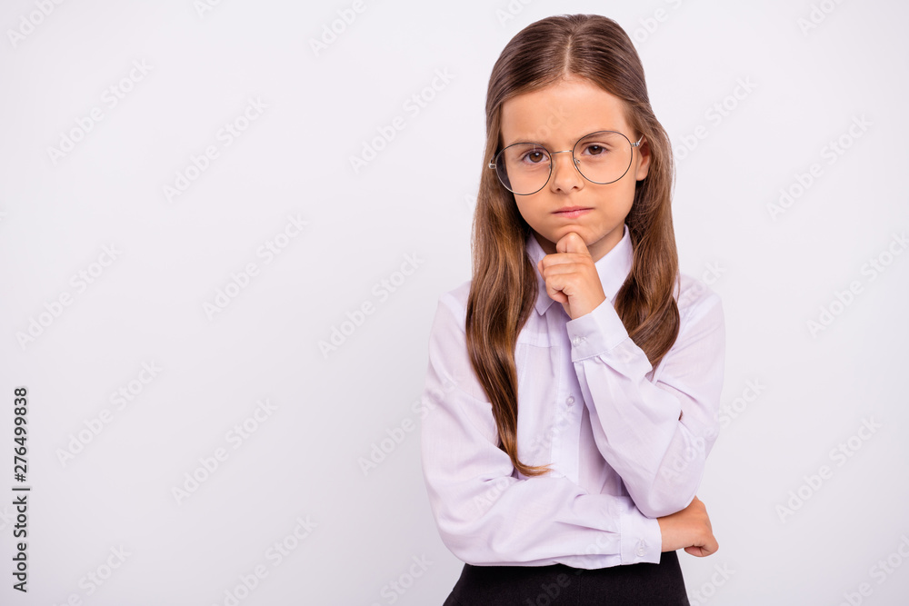 Close-up portrait of her she nice attractive lovely focused concentrated intellectual pre-teen girl thinking science decision clue strategy question isolated over light white grey background Close-up portrait of her she nice attractive lovely focused concentrated intellectual pre-teen girl thinking science decision clue strategy question isolated over light white grey background