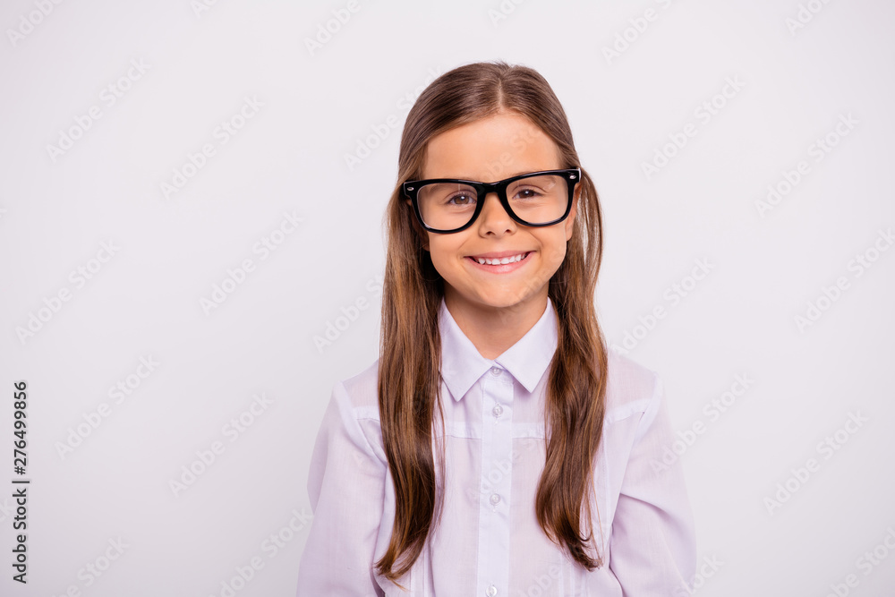 Close-up portrait of her she nice attractive lovely winsome sweet intellectual cheerful cheery pre-teen girl isolated over light white grey background