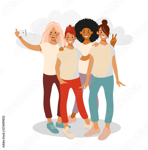 Teenage girl friends taking a selfie on camera phone. A group of four girls of different nationalities photograph selfies in casual clothes. Vector illustration in flat cartoon style.