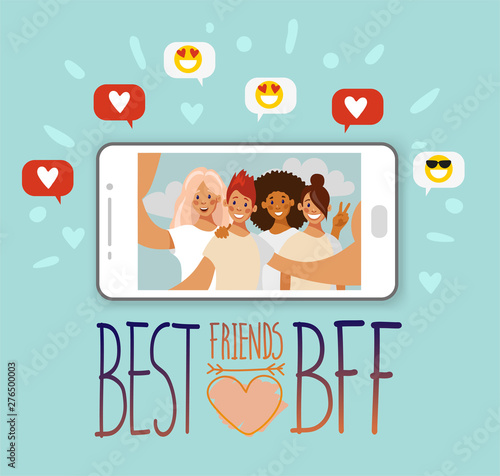 Selfie group of friends of girls on the screen of the smartphone. Phrase best friends. Like and smilies in bubbles. Vector illustration in flat cartoon style.