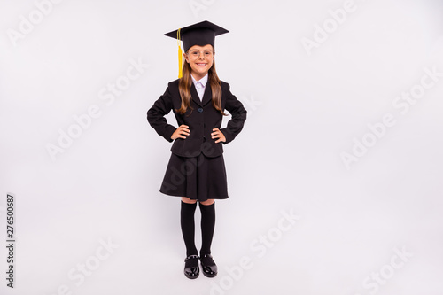 Full length body size view of her she nice attractive diligent clever smart intelligent cheerful cheery confident pre-teen girl student isolated over light white grey background
