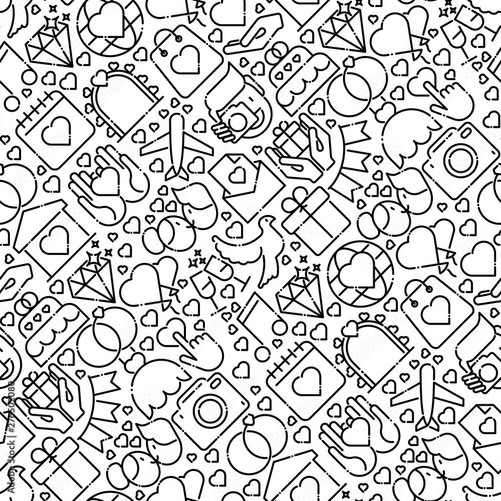 Wedding invitation seamless pattern with thin line icons of dove, camera, photographer, bride, dress, balloons. Vector illustration for banner, web page, print media. Wedding invitation seamless pattern with thin line icons of dove, camera, photographer, bride, dress, balloons. Vector illustration for banner, web page, print media.
