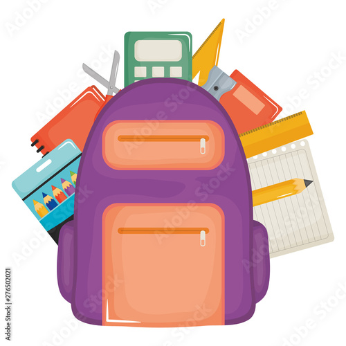 schoolbag with paper sheets and supplies